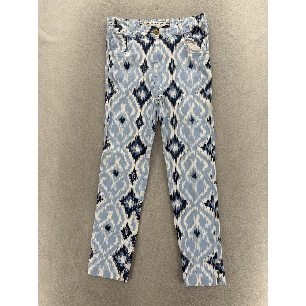 Gretchen Scott Designs Gripeless Kitt Ikat Pants Womens M Blue Geometric Print